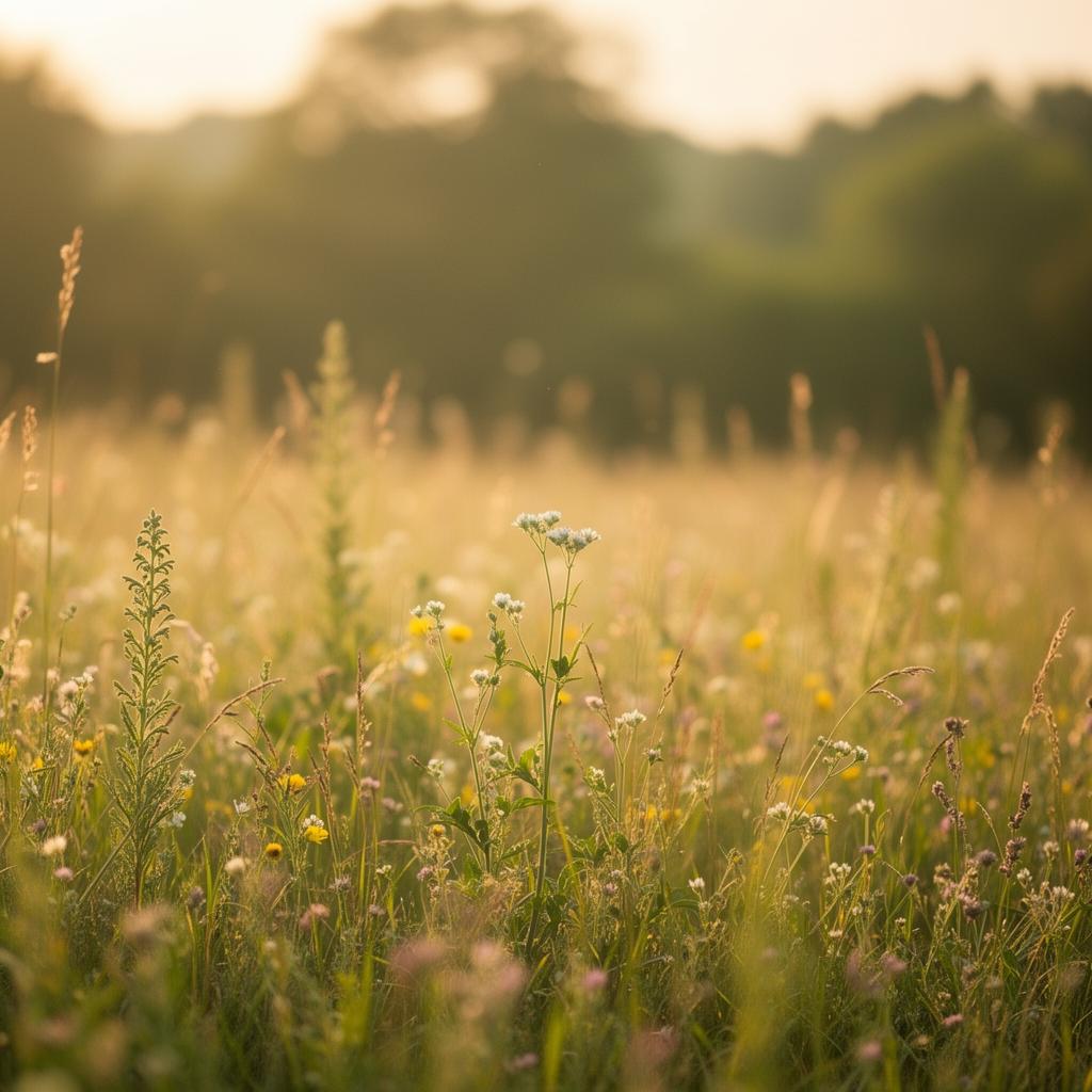 Peaceful meadow with warm golden light