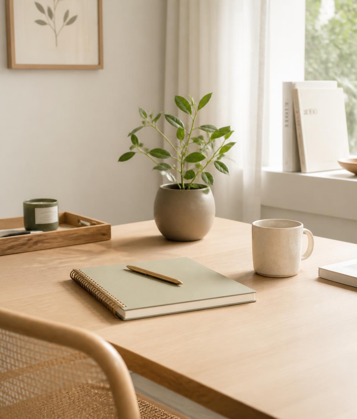 Minimalist organized workspace with warm natural lighting