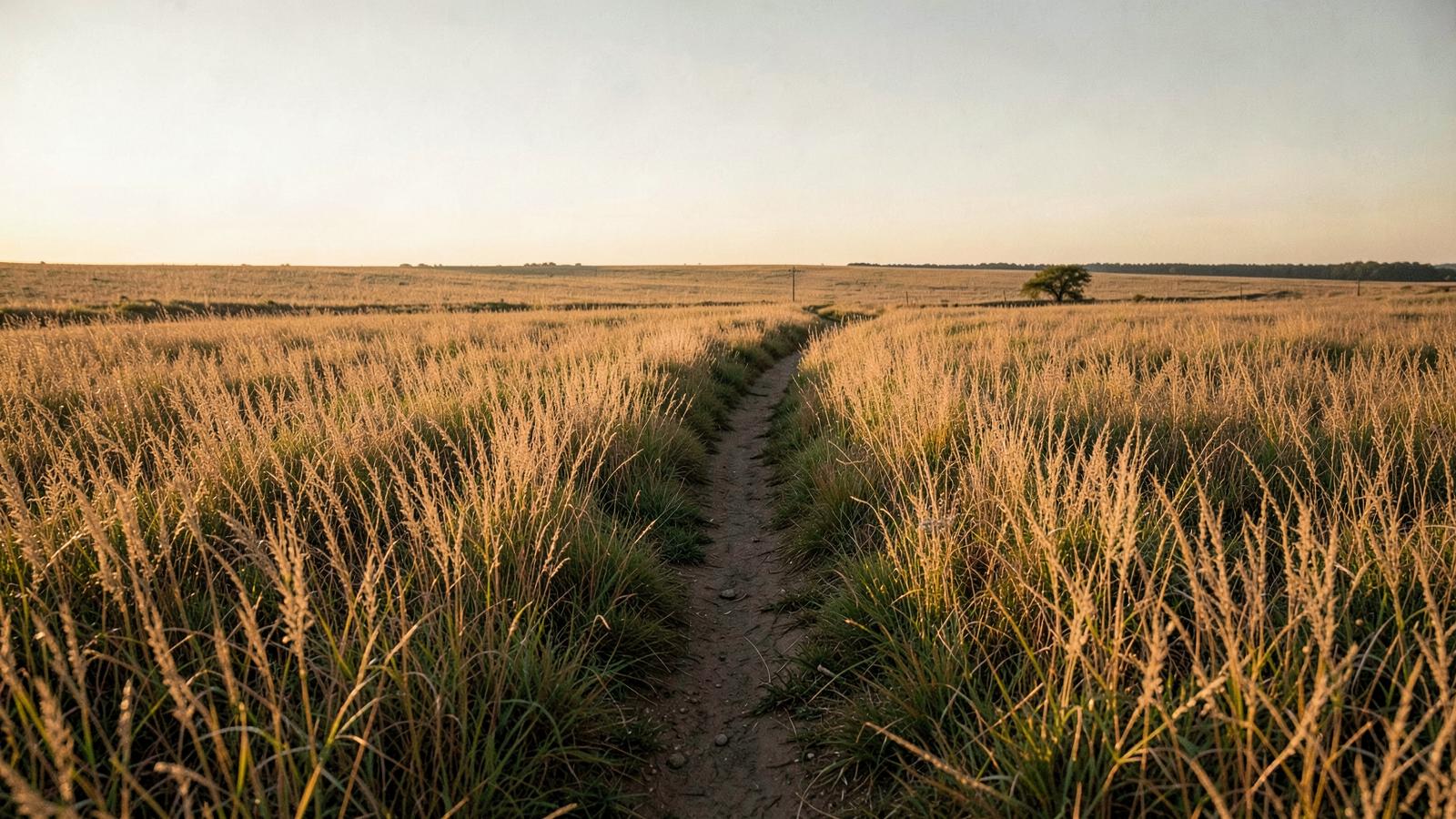 A narrow path winding through golden prairie grass at sunrise