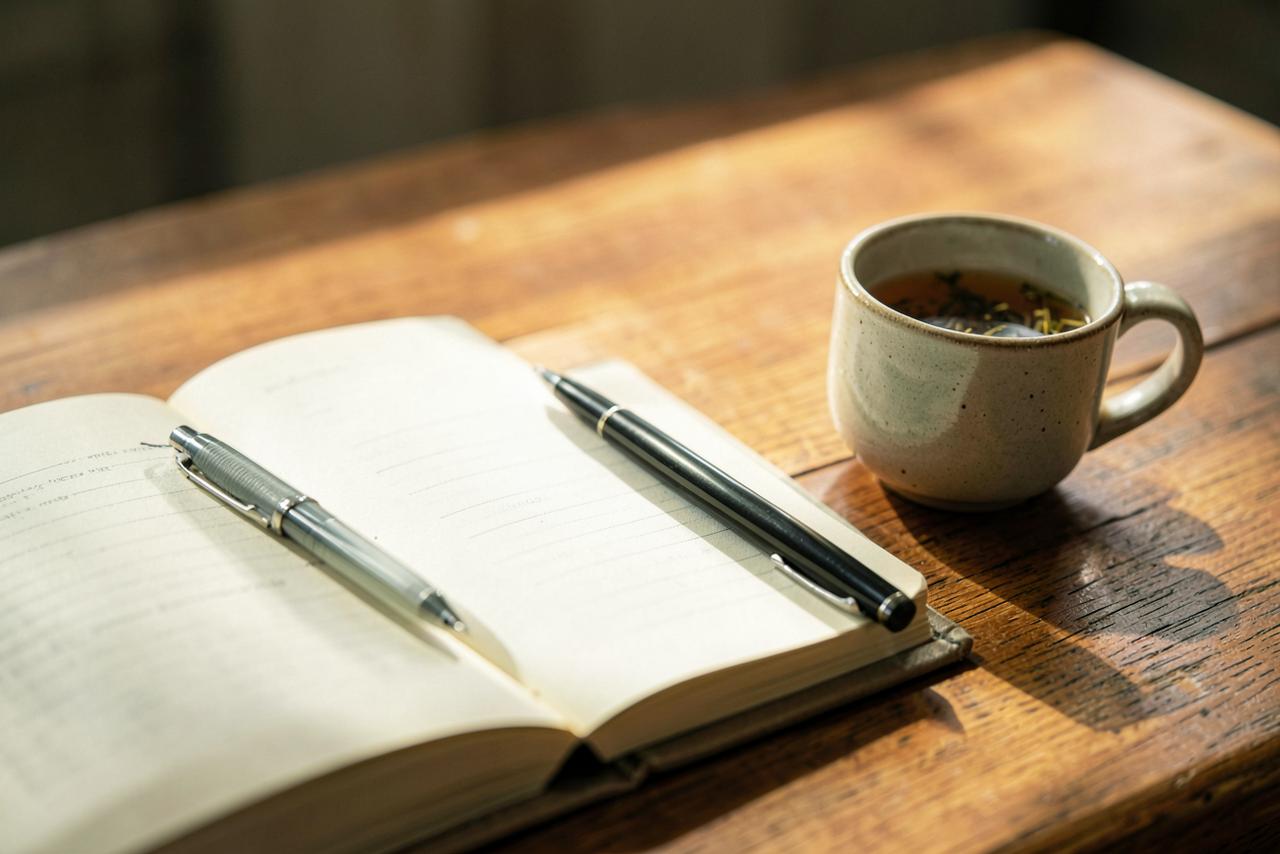 An open journal, pen, and cup of herbal tea in soft morning light