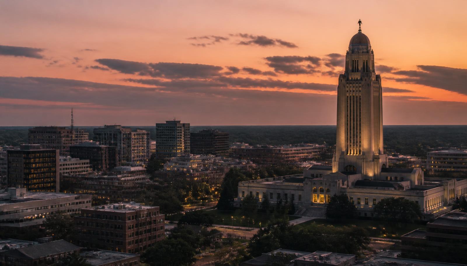 Lincoln, Nebraska skyline with the State Capitol at dusk