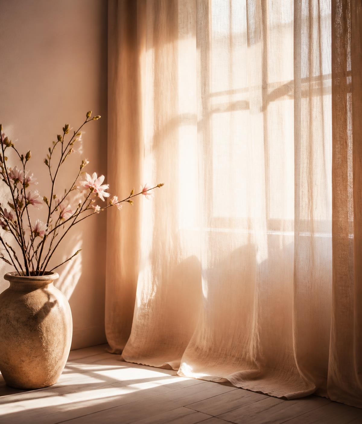 Soft natural light through linen curtains