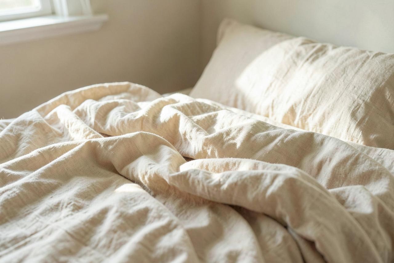 Linen bedding in soft morning light