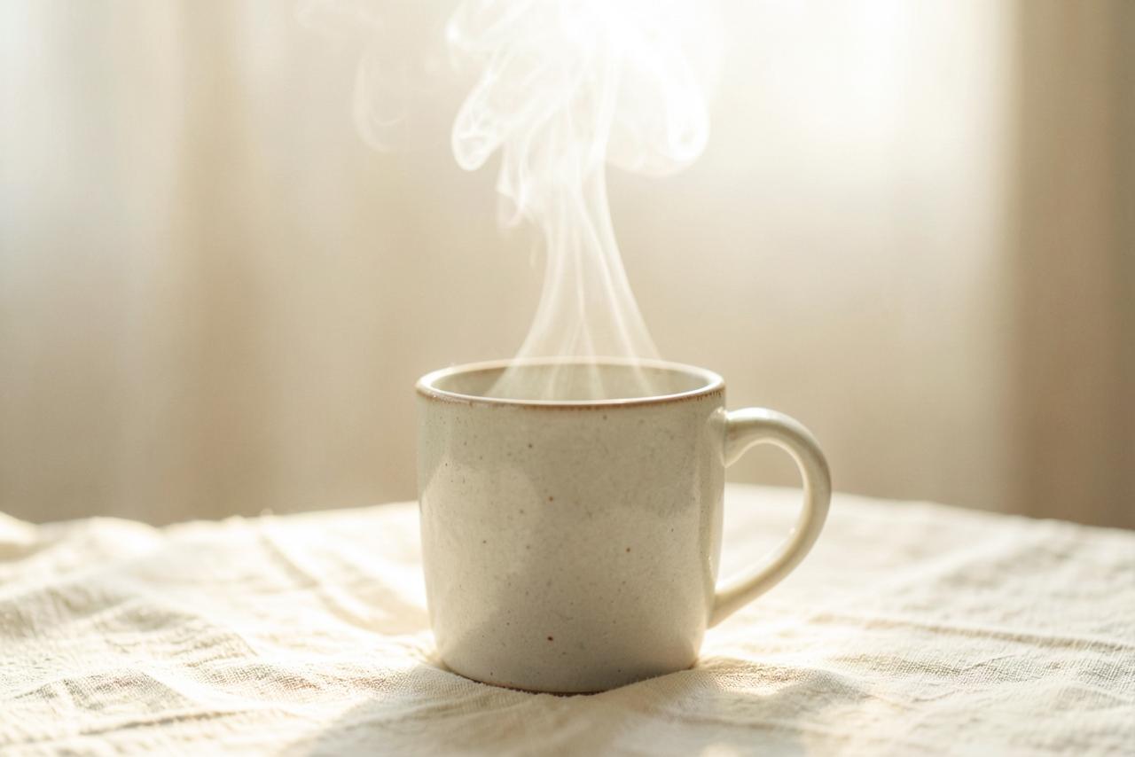 Steam rising from a mug in morning light