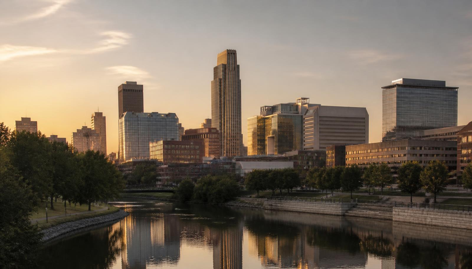Omaha, Nebraska skyline at golden hour