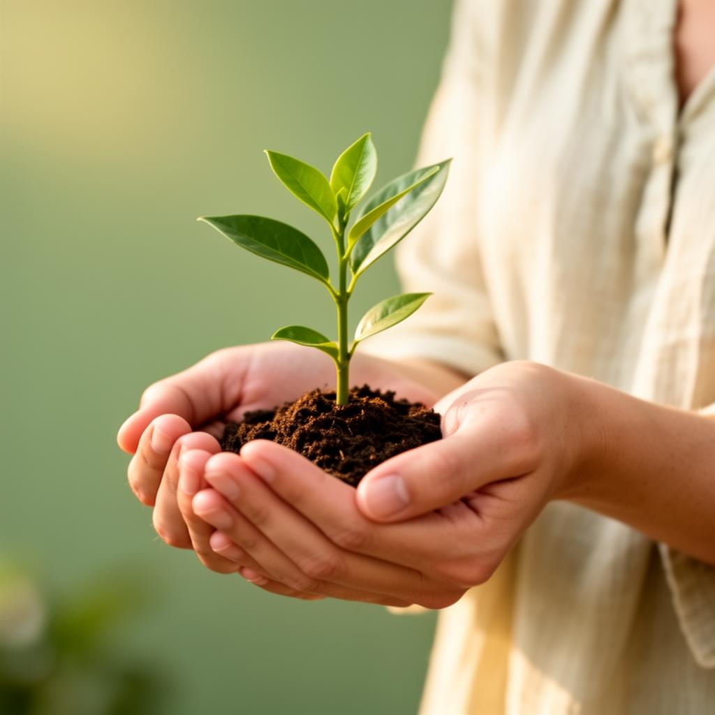 Hands nurturing a small green plant, symbolizing growth and healing